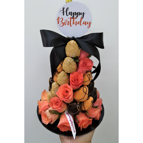 Black, Orange & Gold Chocolate Strawberry Rose Tower